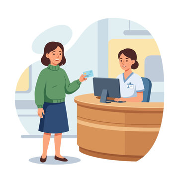 Patient presents identification card to nurse at hospital reception desk, healthcare check-in process, vector illustration