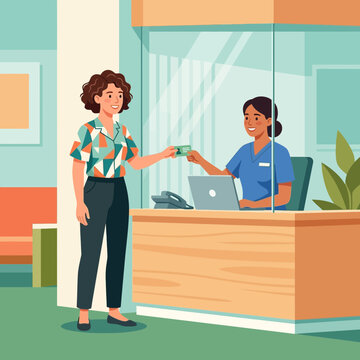 Patient presents ID card to nurse at reception desk, symbolizing healthcare check-in and medical services