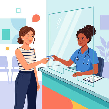 Patient presents identification to nurse at reception desk with protective screen