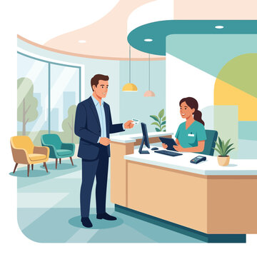 Patient Presents Identification Card to Nurse at Reception Desk in Modern Clinic Interior, Healthcare Scene