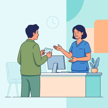 Patient receives medical information from smiling nurse at reception desk, modern flat illustration.