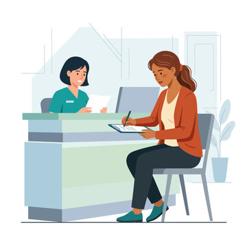 Patient Signing Medical Form at Reception Desk with Nurse Assistance