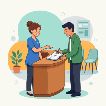 Patient Signing In at Reception Desk in Clinic or Hospital - Vector Illustration