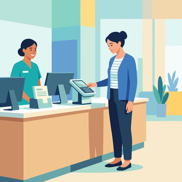 Patient using self-service kiosk at reception desk with healthcare worker assistance