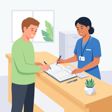 Patient signs paperwork at clinic reception desk with nurse assistant