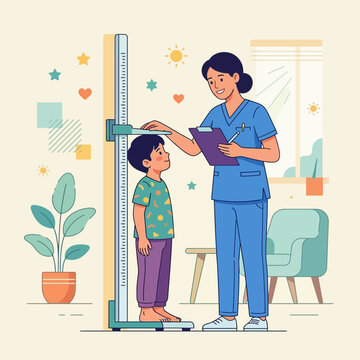 Pediatrician measuring child's height using a stadiometer in a clinic, flat design vector illustration
