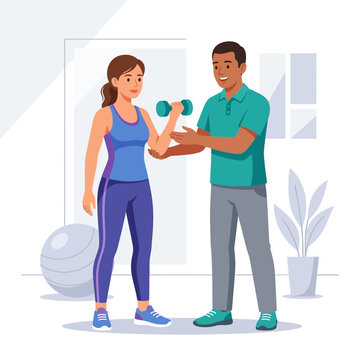 Personal trainer assisting a woman with weight lifting exercise in a modern gym setting
