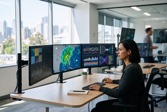 Monitoring screens tracking disaster data for early warning systems. Bright clean style for meteorological tech and risk reduction ads.