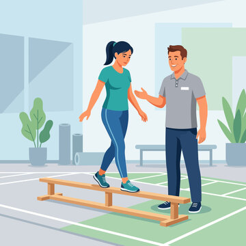 Physical therapist guiding patient through balance beam exercise in rehabilitation center