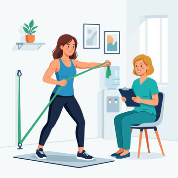 Physical therapist guides patient through resistance band exercise, promoting recovery and strength in a clean, modern clinic.