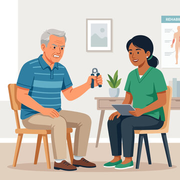 Physical Therapist Supervises Senior Man Performing Hand Grip Exercise for Rehabilitation in Clinic