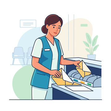 Postwoman Sorting Mail at Counter in Modern Postal Office, Vector Illustration