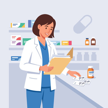 Pharmacist working in pharmacy, checking prescriptions and organizing medication on shelves.