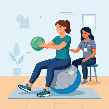 Physical therapist assists patient with stability ball exercise for rehabilitation and fitness, vector illustration.