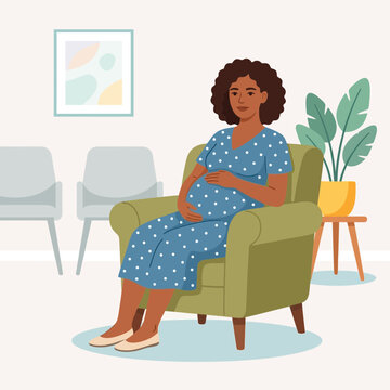 Pregnant Woman of Color Sitting in a Chair in a Waiting Room, Holding Her Belly