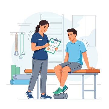 Physical therapist consults with patient during rehabilitation session, highlighting progress on clipboard in clinic.