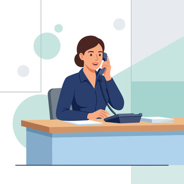 Professional Businesswoman Talking on Landline Phone at Office Desk