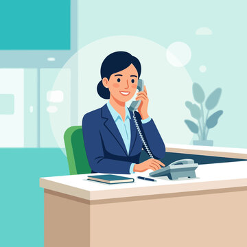 Professional Businesswoman Talking on Phone at Reception Desk in Modern Office