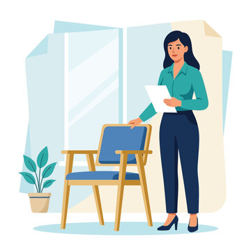 Professional woman holding document, standing next to armchair in modern office interior, vector illustration