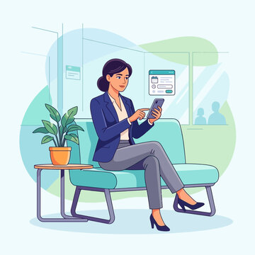 Professional woman in business attire using smartphone in a modern waiting area, interacting with digital interface.