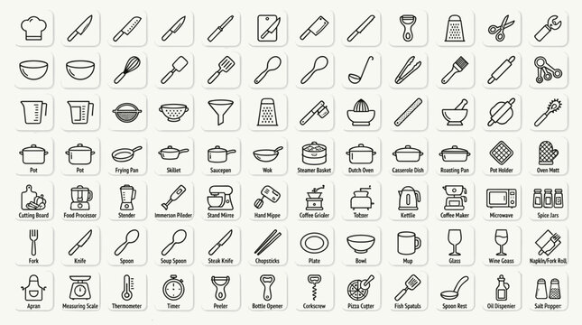 Kitchen utensils and cookware line icon set with knife whisk ladle spatula pot frying pan colander and grater for cooking designs
