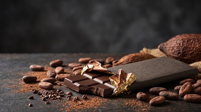 Artisanal Dark Chocolate Bar: A rich, dark chocolate bar, partly unwrapped to reveal its tempting texture, lies amidst scattered cocoa beans and powder, with a whole cocoa pod in the background.