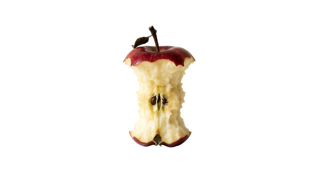Deep red apple core with leaf and stem on png background for eco friendly art