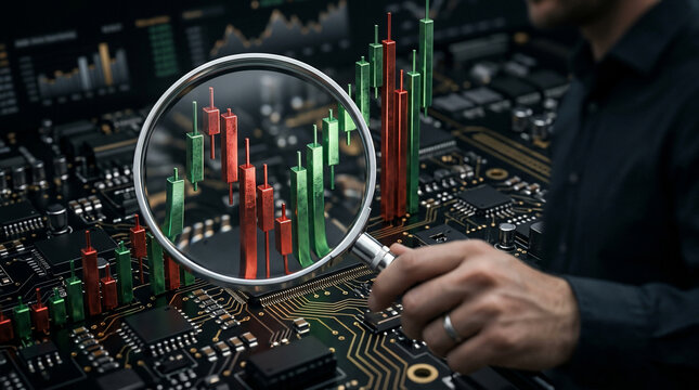 Magnifying glass over candlestick chart on circuit board, analyzing financial data, ideal for technology, finance and business presentations