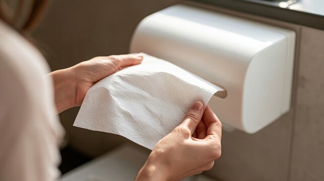 Close up of female hands taking paper towel from dispenser in modern bathroom for cleaning hygiene tasks Generative AI