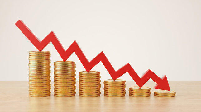 Coins stacked decrease showing financial decline and economic loss. Finance investment recession crisis. money budget saving expense, value reduction down decayed, risk loss