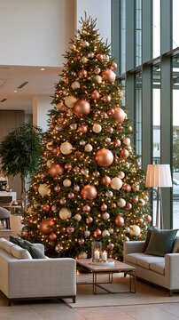 Festive boutique hotel lobby with a tall modern Christmas tree and elegant furniture during the holiday season Generative AI