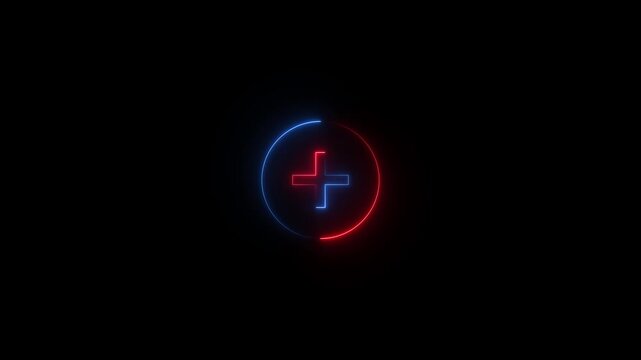 Neon glowing plus sign icon with rotating circular border animation on black background