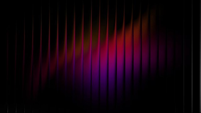 Abstract fluted glass panel with vivid violet and intense amber refraction, moving neon light effect on black vertical ribbed lines, contrasting futuristic motion background for display