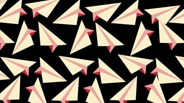 Animated paper airplane pattern featuring cream, blush pink, and red geometric shapes on a black background