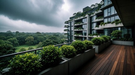 Fototapeta premium Modern apartment building features spacious wooden balcony with green plants. Large windows overlook huge park with dense trees under cloudy sky. Contemporary urban architecture offers luxury