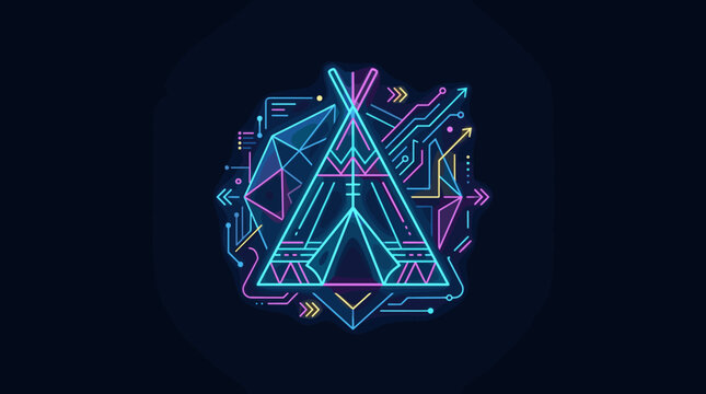 Neon glowing teepee geometric futuristic digital art illustration.