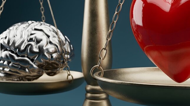 Conceptual image of a metallic silver human brain and a glossy red heart on a brass balance scale, representing the harmony or conflict between logic, rationality, emotion, and deep feelings.