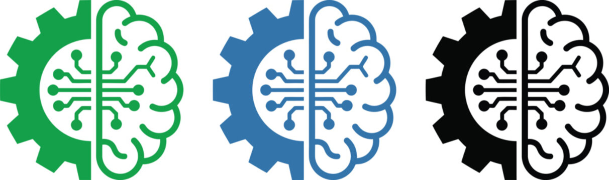 Artificial Intelligence Brain Gear Icon Set, AI Circuit Tech Logo Vector, Mind Machine Learning Concept Symbol