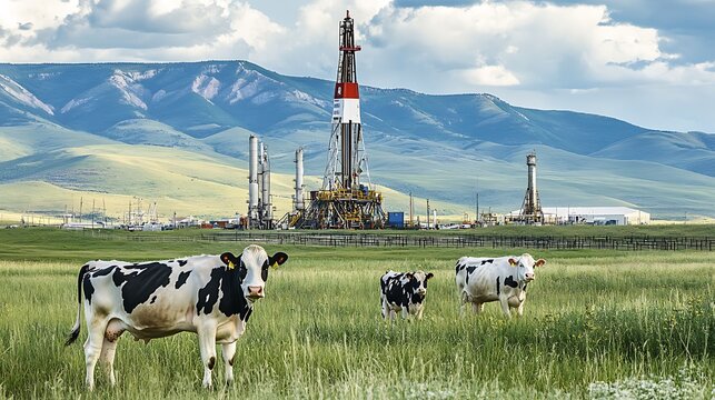 Three black and white cows graze in a field with an oil rig in the background.