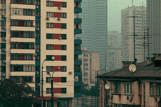 Rain falls on abandoned buildings while a greenish haze covers the city. The scene shows a mix of modern and old structures in the damp weather