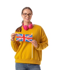 English language learning and education, young woman holding a small United Kingdom flag for international travel or cultural exchange study program © Pixel-Shot