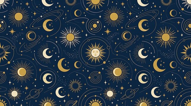Celestial pattern with golden suns and crescent moons on dark blue starry