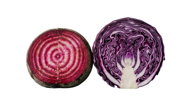 Fresh red beet and purple cabbage halves isolated on transparent png background