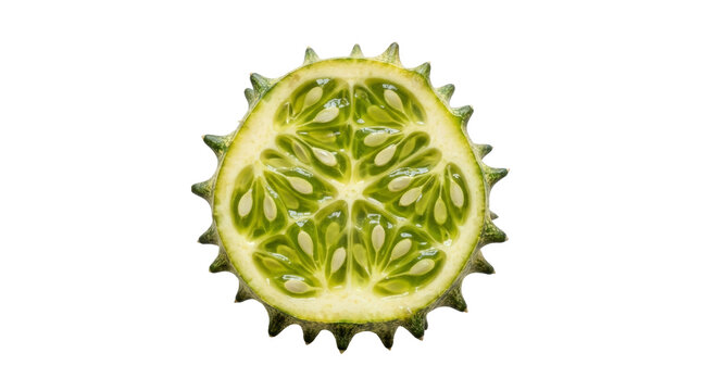 One green african horned cucumber tropical fruit cut in half on png background