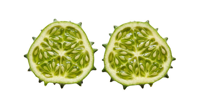 Two green african horned cucumber tropical fruits cut in half on png background