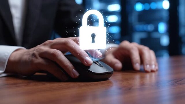 Hands of Businessman Using Computer Mouse with Glowing Cyber Security Padlock Icon Close Up Shot in Server Room