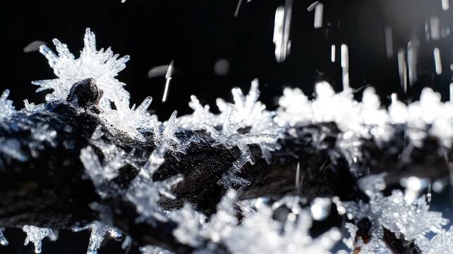 Ice Crystals and Hoarfrost Glistening on Tree Branch Macro Close Up in Natural Winter Sunlight