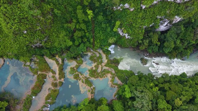 Aerial View of Semuc Champey Turquoise Pools and Waterfalls