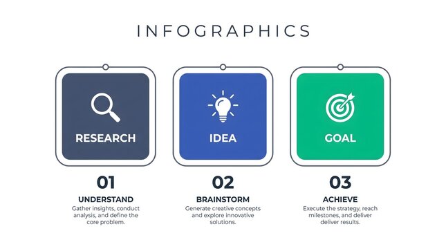 Infographic illustrating a three step process research idea generation and goal achievement with icons and descriptive text for business planning and strategy