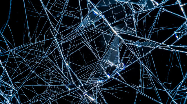 Broken glass texture featuring complex spiderweb cracks with sharp glowing edges illuminated against dark background creating dramatic abstract visual impact in macro photography